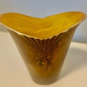 Vintage Italian Art Glass  Petite Vase Amber Olive Sculptural Rim  Made in Italy
